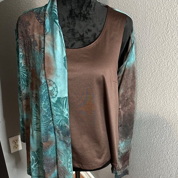 Cato Womens Large 2-in-1 Top Brown Teal Floral Paisley Open Drape Cardigan - Picture 2 of 10
